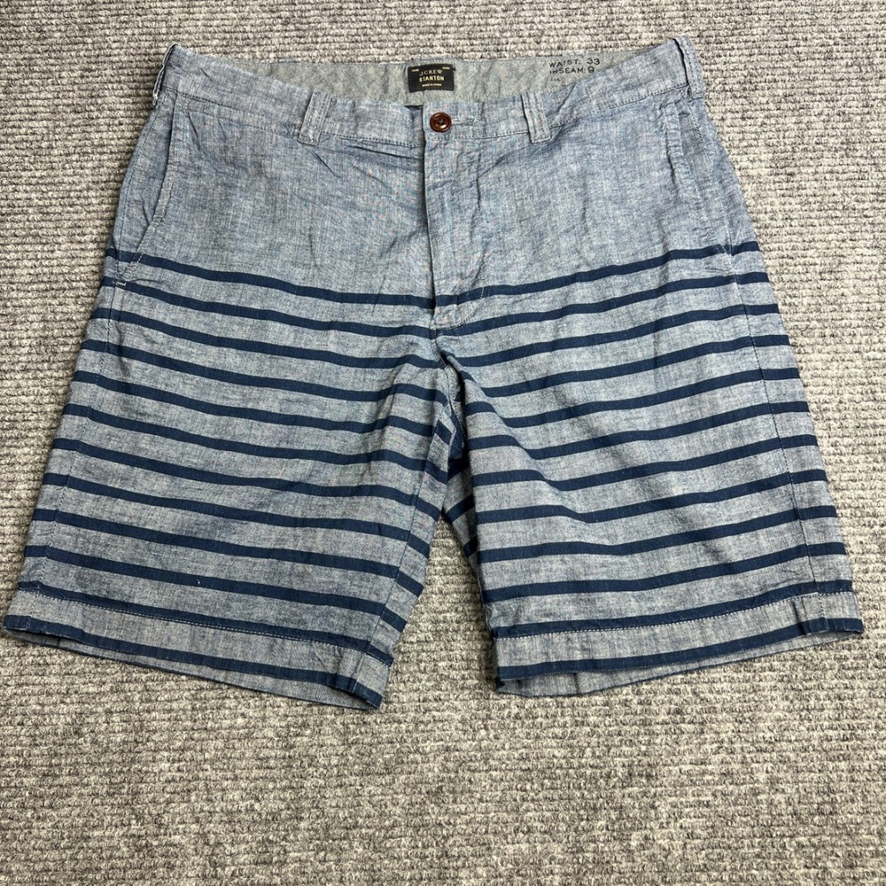 J. Crew Stanton Shorts Mens 33 Blue Navy Striped 9 Inch Inseam Chambray Nautical